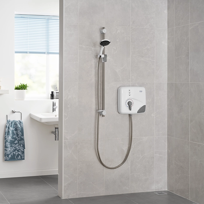 Triton Showers Omnicare Pumped White with grey tiles